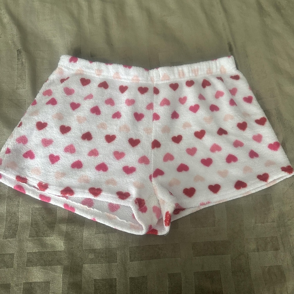 Pillow Talk Pajama Sleep Shorts Womens Large White Fleece Heart Print Lounge